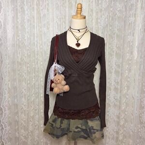 Y2K Brown Babydoll Sweater Long Sleeve Knit Top V Neck Size Medium Boho Preppy